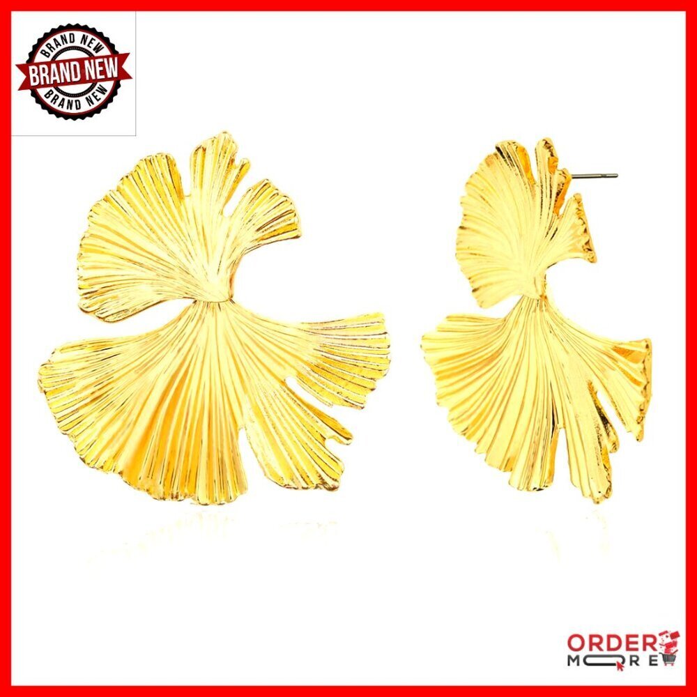 Gold Geometric Ginkgo Leaf Drop Earrings, Boho Statement Dangle Jewelry